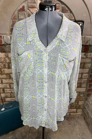 free people top button down blouse sheer geometric thumbnail 1