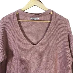 American Eagle Choker V-Neck Shaker Knit Sweater Pink Relaxed Ribbed Size M thumbnail 3