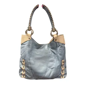 B. Makowsky Blue and Cream Shoulder leather laptop message Bag leopard lining thumbnail 2