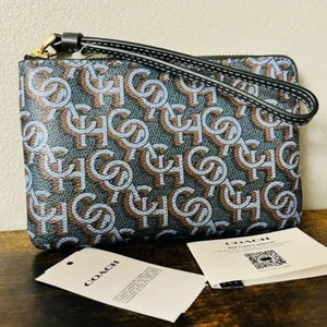 Coach Navy Monogram Corner Zip Wristlet Gold Hardware NWT thumbnail 2