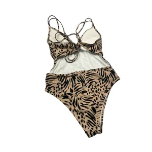 Shade & Shore Women Tan Black Animal Print One Piece Swimsuit Size M Open Back thumbnail 2