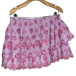 LoveShackFancy Women’s Size L Lilac Pink Floral Print Tiered Mini Skirt thumbnail 1