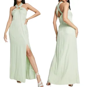 New Topshop Ring Detail Halter Neck Side Slit Maxi Dress Sage Green Size 6 thumbnail 2