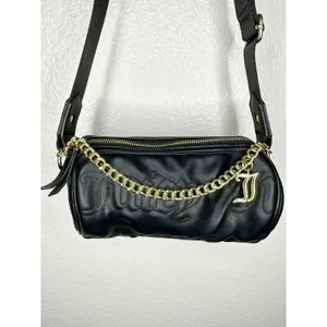 Juicy Couture Crossbody Bag Womens Small Black Faux Leather Chain Logo Barrel thumbnail 2