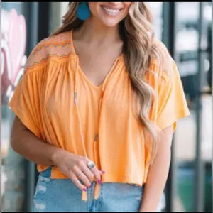 Free People Cropped Flowy Embroidered Top size Small Peach/Orange tie front thumbnail 1