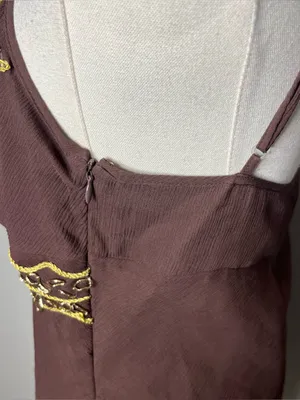 NEW Vintage Chocolate Brown 100% Silk Gold Embroidered Babydoll Top Deadstock thumbnail 5