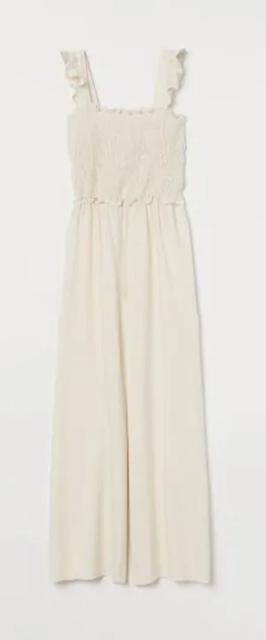 H&M Linen Blend Smocked Jumpsuit Small Wide Leg Beachy Coastal Minimalist‎ Beige thumbnail 1
