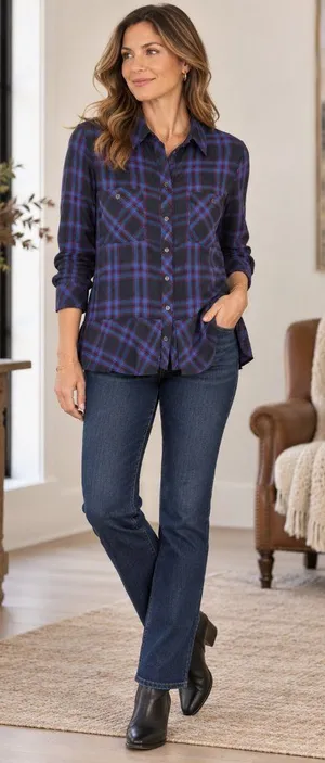 CAbi Check Shirt #3431 Moody Plaid Peplum Button Up Top Blue Burgundy M thumbnail 1