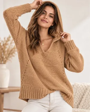 American Eagle XL Sweater Hoodie Camel Tan Jegging Fit V-Neck Knit Pullover thumbnail 1