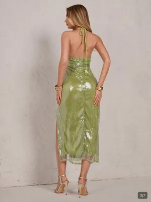 Green Sequin Halter Midi Dress with Side Slit Size XL thumbnail 3