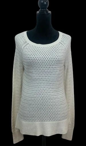 American Eagle Womens M‎ Cream Pointelle Open Knit Scoop Neck Back Zip Sweater thumbnail 1