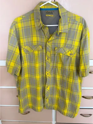 Cabela's Men Yellow Gray Plaid Vented Fishing Short Sleeve Outdoor Button Up thumbnail 1