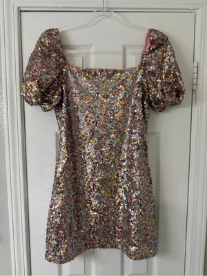 Lulus Crave it Like Candy Pink Multi Sequin Puff Sleeve Mini Dress‎ Concert thumbnail 1