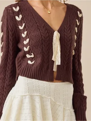 NEW Altar’d State Brown Ribbon Lace Sweater Cardigan Size XXL NWT thumbnail 1