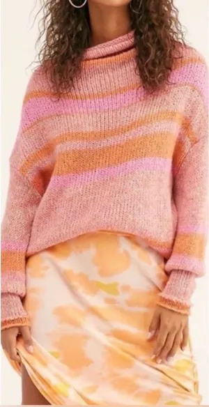 Free People Candy Stripe Pink Orange Knit Long Sleeve‎ Cowl Neck Tunic Sweater M thumbnail 1