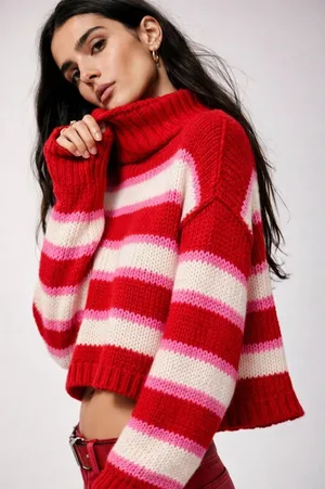 Altar’d State Red Cream Striped Cropped Sweater XL Cozy Cabin Turtleneck NWT thumbnail 1