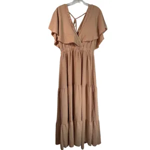 Simplee Peach Tiered Maxi Dress V-Neck Flutter Sleeve Boho Romantic Small thumbnail 2