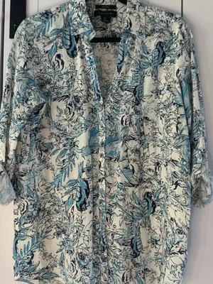 Tahari Womens 100% Linen Shirt Tropical Bird Print Button Up Coastal Resort thumbnail 3