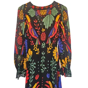 Farm Rio Black Tropical Toucan Floral V-Neck Maxi Dress XS Long Puff Sleeve Boho thumbnail 10