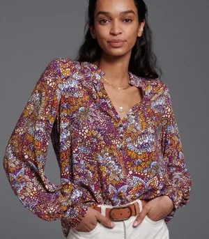Maeve Geometric Ruffle Cinched Button Collar Blouse Top Balloon Sleeve Size S thumbnail 1