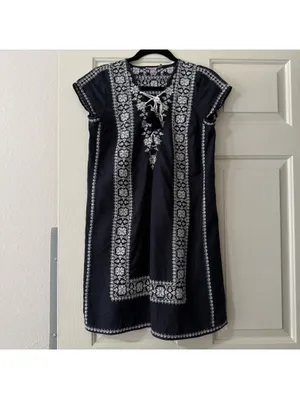 Calypso St. Barth 100% Linen Navy Blue White Embroidered Shift Dress Mini Small thumbnail 12