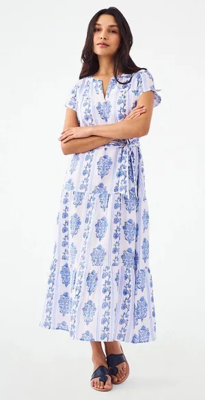 Roller Rabbit white blue Lily Stripe Pamina linen maxi dress sz XS thumbnail 1