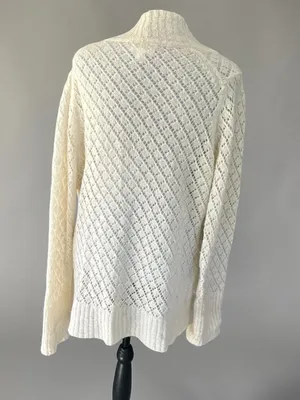 LOFT Cream V-Neck Openwork Cable Sweater thumbnail 3