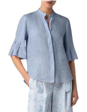 Akris Punto Blue Chambray Mandarin Collar Pleated Sleeve Blouse 4 Quiet Luxury thumbnail 1