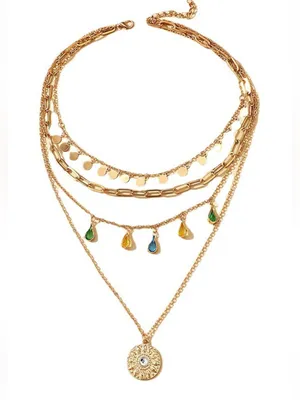 Gold Tone Layered Link Chain Necklace Sun Round Charm Clear Stone Lobster thumbnail 8