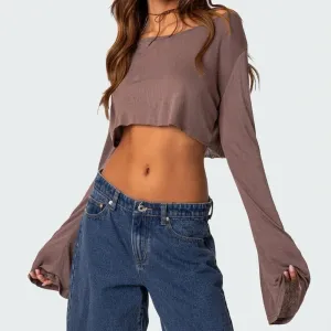 brand new with tags edikted brown long sleeve crop top Sheer Raw Hem Crop Top thumbnail 1