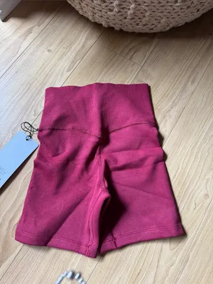ALO Yoga Ribbed High-Waist Bike Shorts in Romance Red thumbnail 4