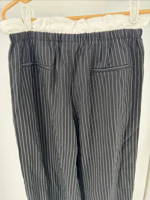 JODIFL Black Pinstripe Elastic-Waist pull on ruffle wide leg Trousers S preppy thumbnail 2