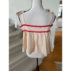 &Merci Cream & Red Stitch Bow Tie Square Neck Loose Boxy Tank Cottage Boho thumbnail 3