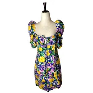 Zara Dress Women Medium Purple Yellow Floral Balloon Sleeve Corset Style‎ Mini thumbnail 2