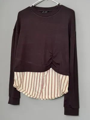 On 12th Brown Ruched Layered Sweatshirt with Striped Shirt Hem Size M thumbnail 1