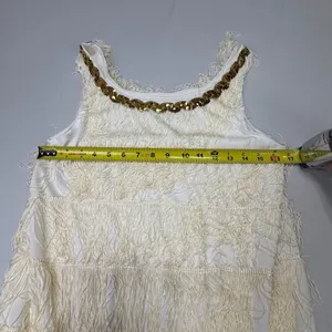 White Sleeveless Flapper-Style Fringe Mini Dress with Gold Sequin Neckline thumbnail 8