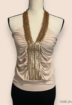Y2K 2000s vintage deadstock Bebe tan and gold sequin halter top thumbnail 1