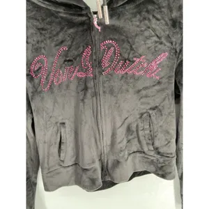 Von Dutch Women Hoodie Black Velour Pink Rhinestone Logo Medium thumbnail 3