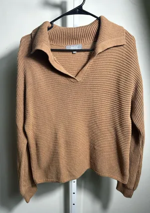 P222. Marled Women's Camel Collared Knit Sweater Tan Size M thumbnail 1
