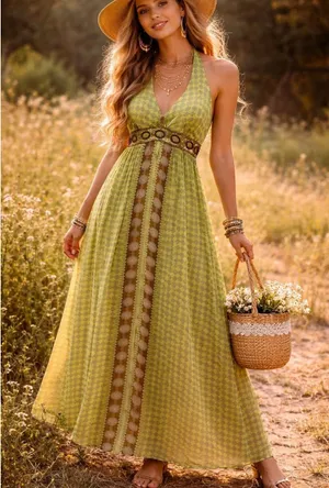 Vtg 60‎ Style Sz 16 Silk Maxi Halter Dress Babydoll Retro Academia Nature Artsy thumbnail 1