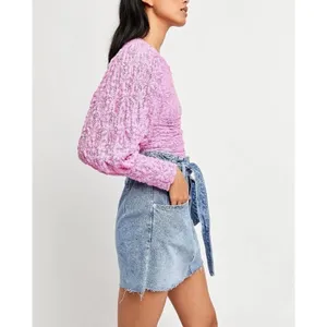 Free People Tea Time Lace Cropped Top Puff Sleeve‎ Pink Size Large NEW thumbnail 2