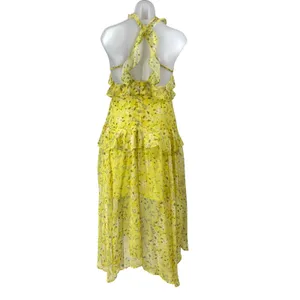Aqua Yellow Floral Ruffled Silk Sleeveless Halter Neck Zip Midi A-Line Dress M thumbnail 2