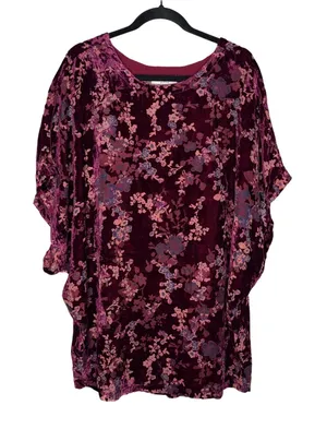 Natural Life Velvet Burnout Floral Tunic Top Womens XS‎ Burgundy Excellent Boho thumbnail 1