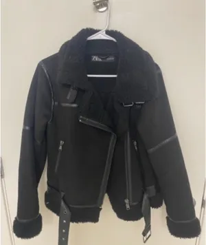 Zara black suede shearling moto jacket thumbnail 1