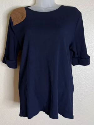 Ralph Lauren LRL XL Sweater Top Navy Blue Quilted Suede Shoulder‎ Patch Ribbed thumbnail 1