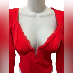 Popilush Shapewear Long Sleeve Lace Trim V-Neck Bodysuit Sz M/4-6 Red Coquette thumbnail 4