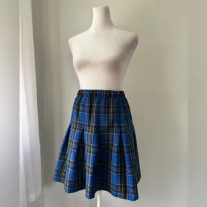 Royal Blue & Black Plaid Pleated Elastic Waist A-Line Knee Length Skirt thumbnail 2