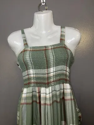 American Eagle Outfitters Jumpsuit Womens Small Green Plaid Smocked Pockets thumbnail 1