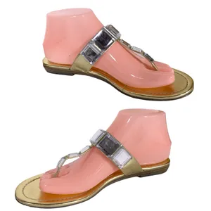 Express Gold Faux Leather With Clear Plastic Crystals Thong Sandals (8) thumbnail 3
