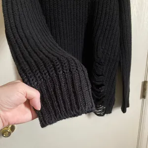 Ardene Black Rib Knit Distressed Ripped Hem Long Sleeve Sweater #Br thumbnail 7